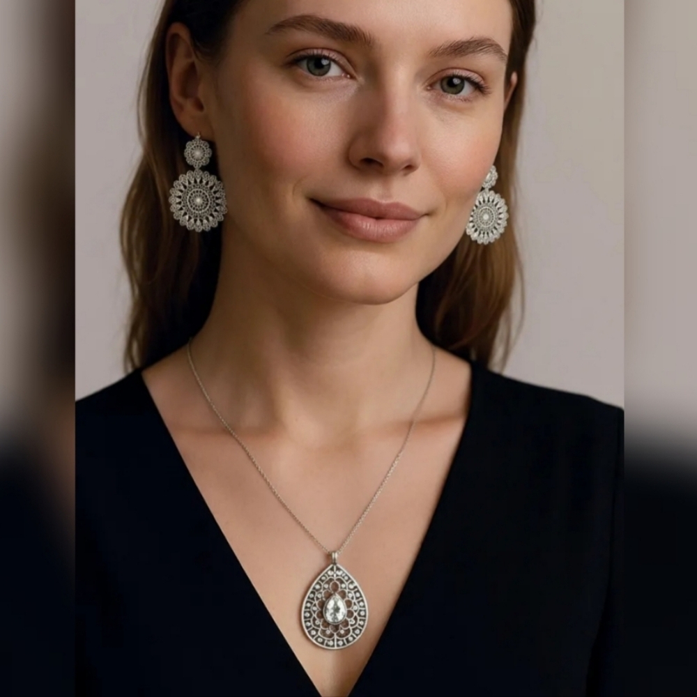 Maurices Elegant Silver Drop Earrings And Necklace Set